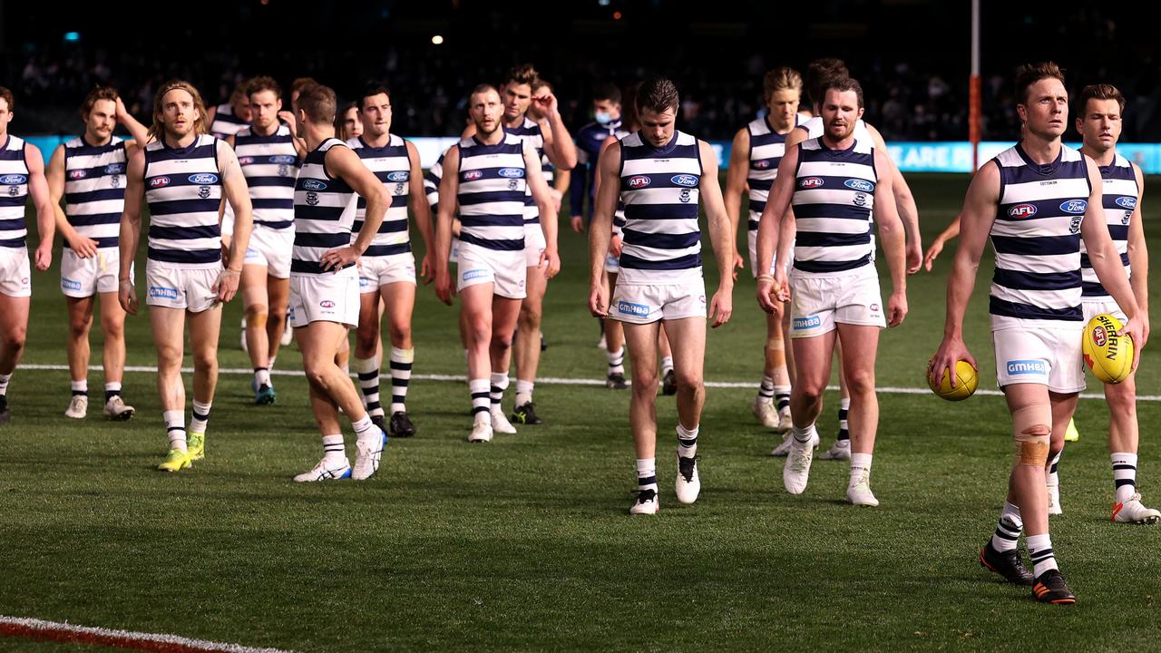 The Cats after their loss to the Port Adelaide Power. Picture: James Elsby