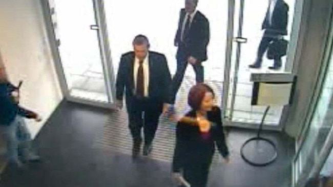 CCTV footage shows an egg being thrown at then PM Julia Gillard as she attended a radio interview at the ABC studios in Perth. Picture: ABC News 