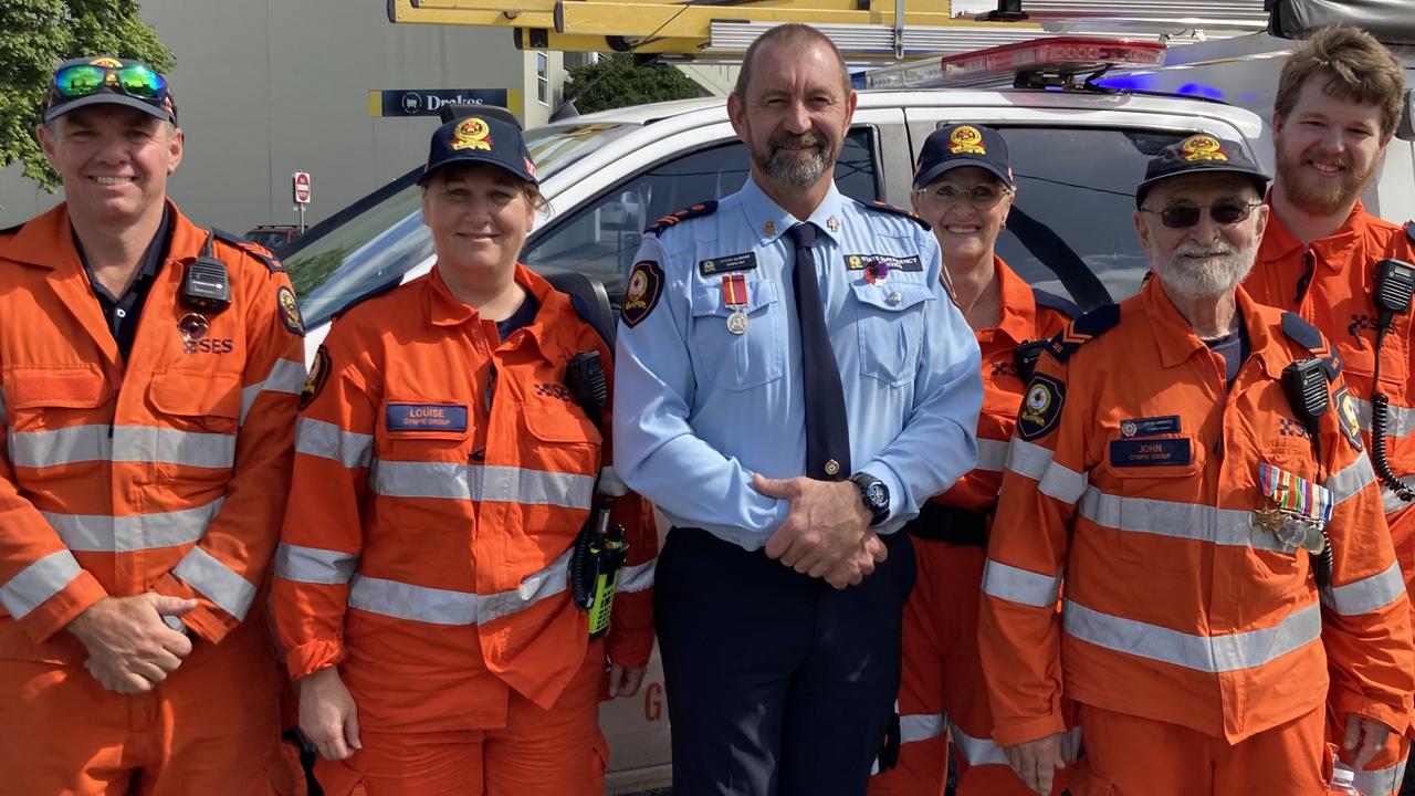 SES members Colin Bailey, Louise Younger, Steve Clough, Trish Johnson, John Arentz and Adam Alluze at the Gympie Anzac Day 2023 march and ceremonies.