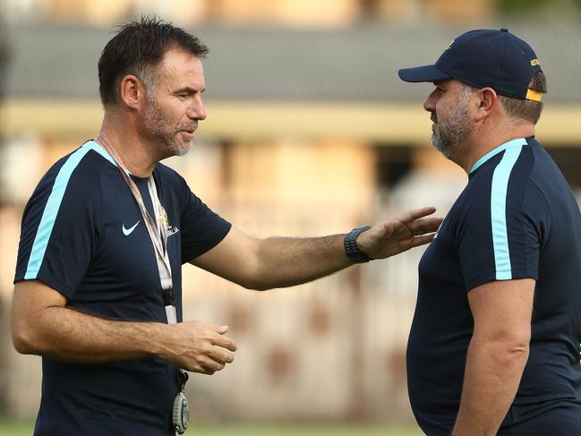 MALACCA, MALAYSIA - OCTOBER 02:  Assistant coach Ante Milicic talks with Socceroos coach Ange Postecoglou  during an Australia Socceroos training session at Hang Tuah Stadium on October 2, 2017 in Malacca, Malaysia.  (Photo by Robert Cianflone/Getty Images)