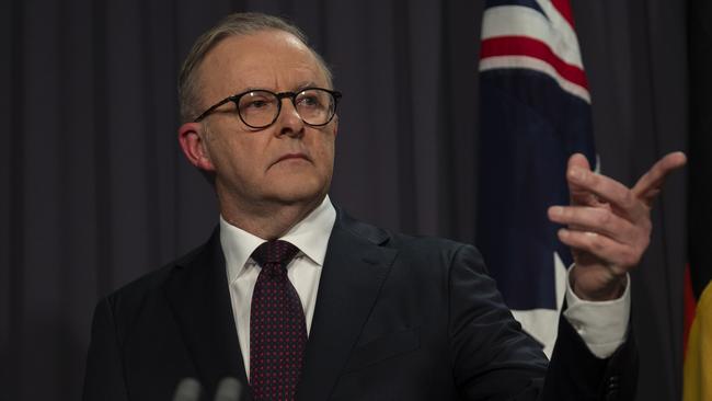 Anthony Albanese holds a press conference after the voice to parliament was defeated. Picture: Martin Ollman