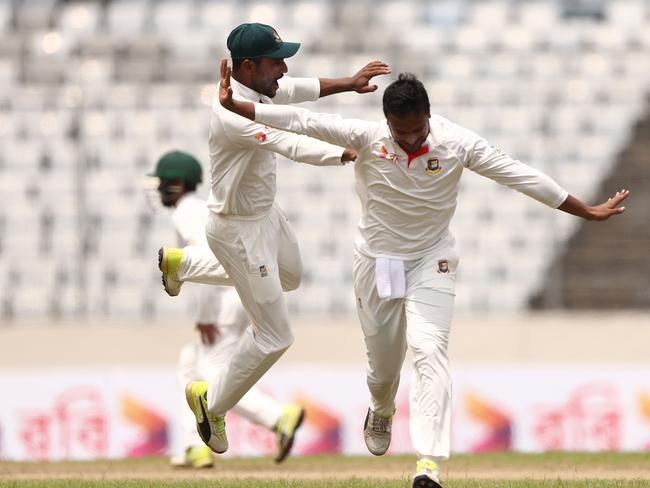 Shakib Al Hasan of Bangladesh celebrates taking the wicket of Glenn Maxwell of Australia. Picture: Robert Cianflone/Getty Images