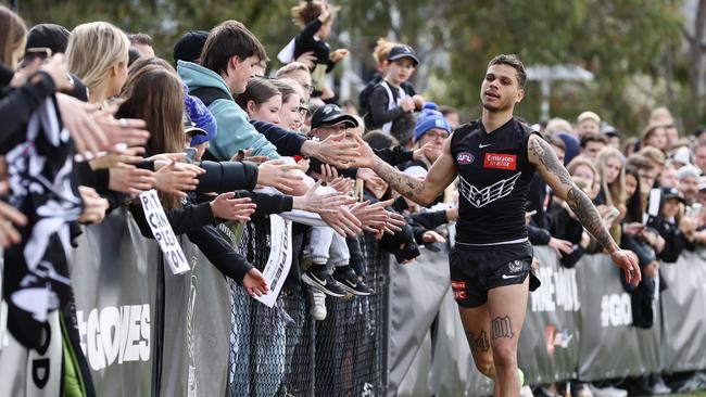 An estimated 4000 fans packed into Olympic Park for the Magpies’ open training session on Wednesday morning. Picture: Michael Klein