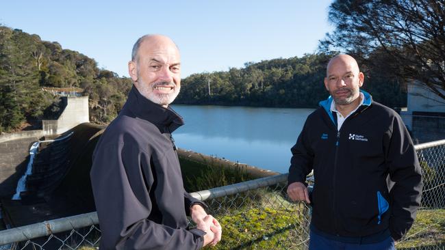 Energy minister Guy Barnett and Hydro Tasmania aquatic scientist David Ikedife at Trevallyn Dam. Picture: PATRICK GEE