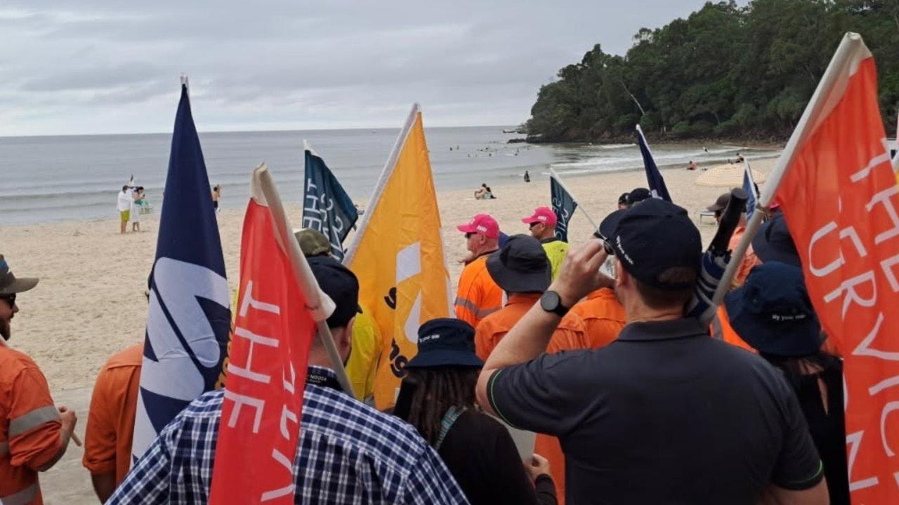 Australian Workers' Union members marched through Hastings St today, April 3, and onto Noosa Main Beach during a second strike.