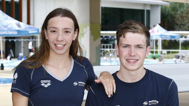 Swimmers gathered for training at the Dolphins emerging swimmers camp in Southport. Sophie Martin and Harrison Biddell. Picture: Tertius Pickard