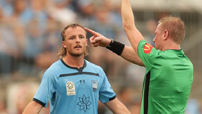 SYDNEY, AUSTRALIA - DECEMBER 29: Rhyan Grant of Sydney is sent off after the referee consulted VAR during the round 12 A-League match between Sydney FC and Melbourne City at Netstrata Jubilee Stadium on December 29, 2019 in Sydney, Australia. (Photo by Mark Metcalfe/Getty Images)