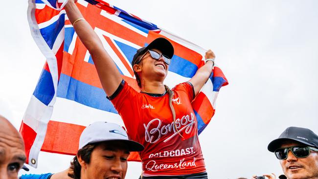 BURLEIGH HEADS, QUEENSLAND, AUSTRALIA - MAY 10: Bettylou Sakura Johnson of Hawaii after winning the Final of the Bonsoy Gold Coast Pro on May 10, 2025 at Burleigh Heads, Queensland, Australia. (Photo by Beatriz Ryder/World Surf League)