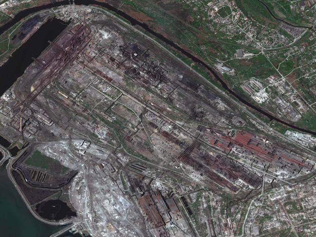 This satellite image released on April 30, 2022, by Maxar Technologies shows the Azovstal steel plant, the city's last holdout where hundreds of civilians are sheltering with Ukrainian troops, in Mariupol.