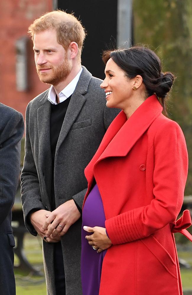  Meghan, Duchess of Sussex, shows off her large baby bump as she arrives in  Birkenhead with Prince Harry. Picture:  AFP