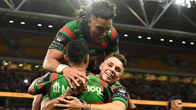 Alex Johnston of the Rabbitohs celebrates after scoring. Pic: NRL Photos.