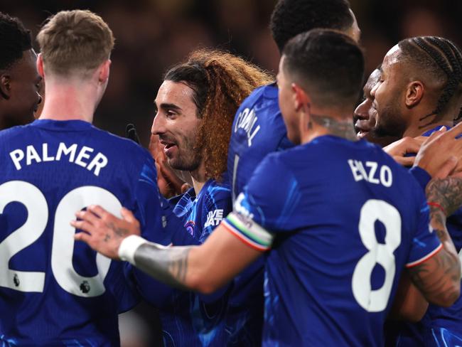 Marc Cucurella celebrates scoring Chelsea's fourth goal with teammates at Stamford Bridge. Picture: Getty Images