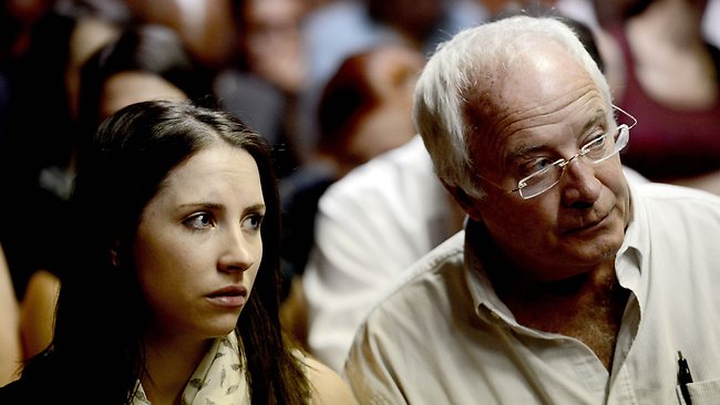 Henke Pistorius (R) and Aimee Pistorius (L) attend the appearance of their son and brother South African Olympic sprinter Oscar Pistorius on February 19, 2013 at the Magistrate Court in Pretoria. Pistorius battled to secure bail as he appeared on charges of murdering his model girlfriend Reeva Steenkamp on February 14, Valentine's Day. South African prosecutors will argue that Pistorius is guilty of premeditated murder in Steenkamp's death, a charge which could carry a life sentence. AFP PHOTO / STEPHANE DE SAKUTIN