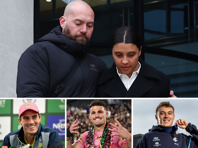 Had Pat Cummins (bottom left), Nathan Cleary (bottom center) or Patrick Cripps (bottom right) have acted like Sam Kerr (top) they would have been punished on the spot.