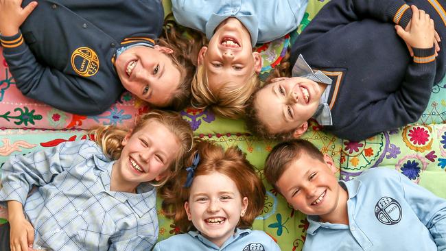 Florence, Sofia, Jason, Amelie, Spencer and Tess practise mindfulness at St Mary’s Primary School. Picture: Tim Carrafa