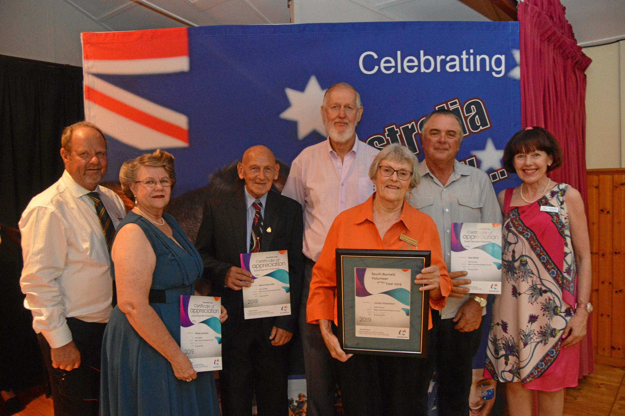 Winner of the South Burnett volunteer of the year award Jocelyn Richardson with nominees and Cr Kathy Duff and Cr Terry Fleischfresser. Picture: Claudia Williams