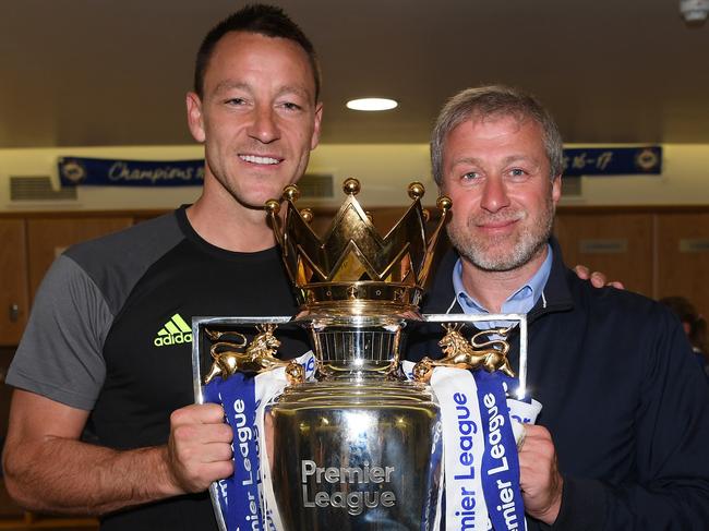 John Terry and Roman Abramovich with the Premier League Trophy in 2017. Abramovich’s tenure with Chelsea was wildly lavish and successful. Picture: Darren Walsh/Chelsea FC via Getty Images