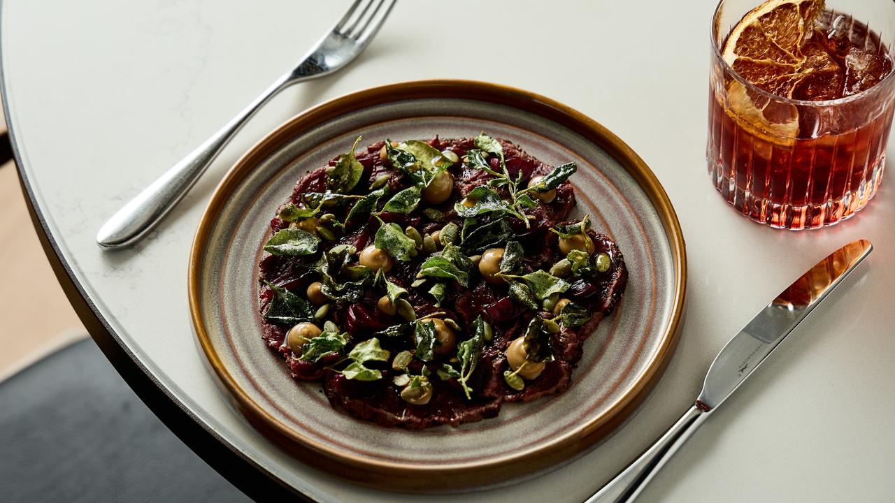 Kangaroo loin, black garlic, pickled grapes at Storehouse Flinders East, Adelaide. Picture: Supplied