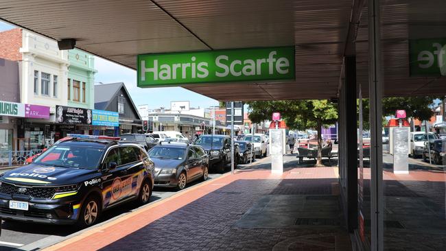 Police out the front of Harris Scarfe in Moonah. Picture: Mireille Merlet