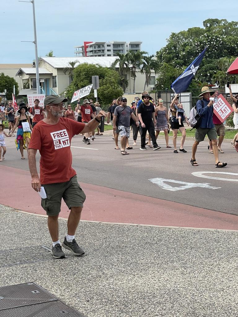 Protesters march through Darwin’s CBD against vaccination mandates on January 15 2022. Picture: Thomas Morgan