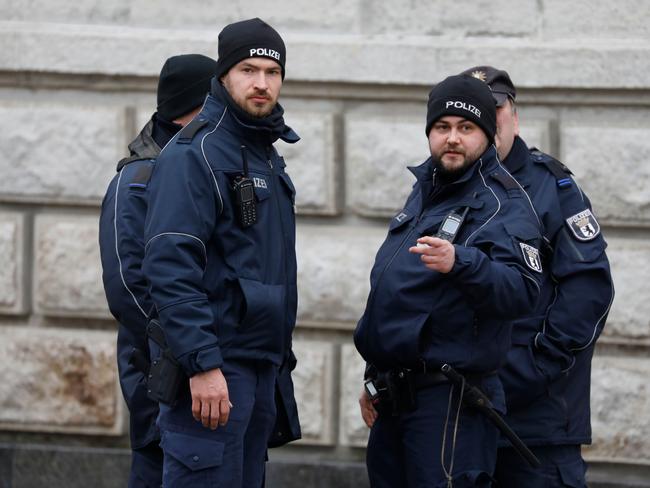 Police stand in front of the Russian embassy in Berlin after four Russian diplomats were expelled from Germany. Picture: AFP/Odd Andersen