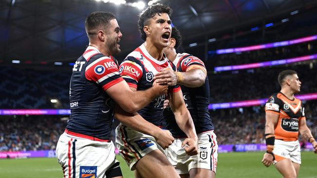 Joseph-Aukuso Suaalii’s return to form has coincided with a hot streak for the Roosters. Picture: NRL Photos