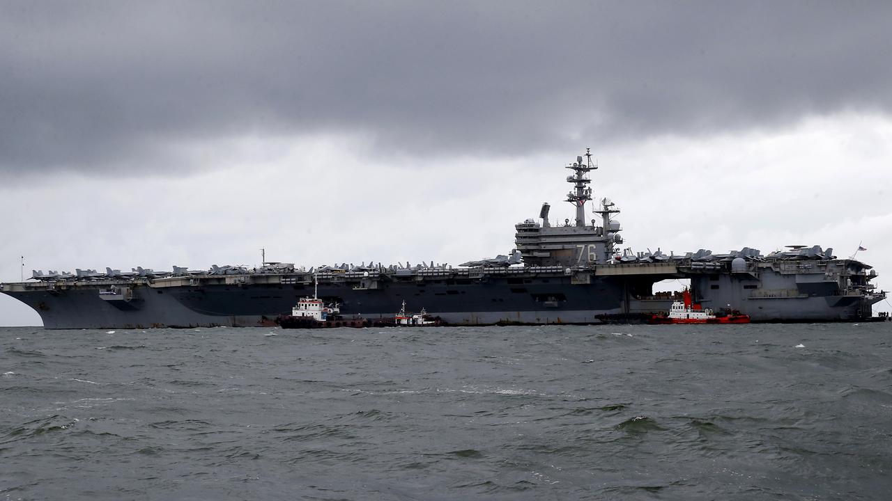 The US aircraft carrier USS Ronald Reagan recently sailed through the South China Sea in a show of military force as tensions with China continued to simmer. Picture: AP