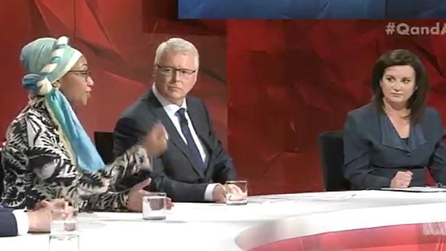 Yassmin Abdel-Magied, left, appears on ABC's QandA with host Tony Jones and Tasmanian senator Jacqui Lambie, right.