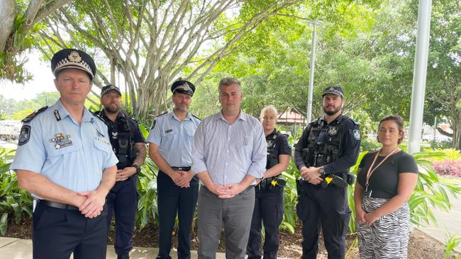 At the launch of Operation Uniform Theta in Cairns on December 19, L-R Acting Deputy Commissioner Mark Wheeler, Snr Const Wayne Querruel, Snr Sgt OIC Far North Tactical Squad Anthony Law, Police Minister Mark Ryan, Snr Const Emma Yates, Const Joshua Blundell and Youth Co-responder team leader Lily Palmer. Picture: Alison Paterson