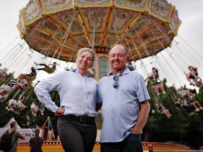 Siblings Karyn and Garry O’Neill, whose family has been involved with the Sydney Royal Easter Show for more than four decades, in the kids’ ride area. Picture: Sam Ruttyn