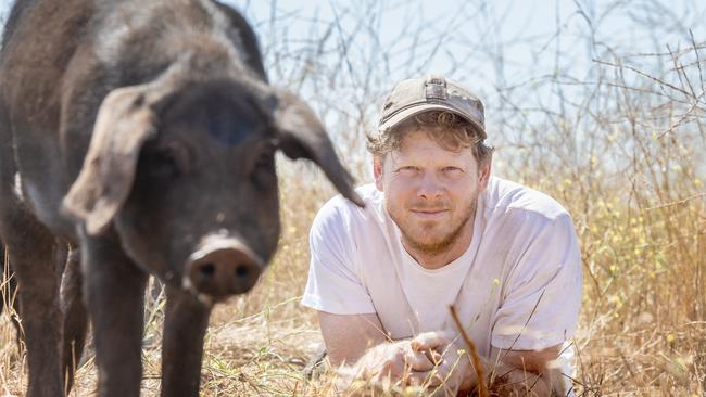 PIG & EARTH FARM: Will BennettWill Bennett with his pigs on farm at Kingston. PICTURED: Will with a 6 month old Large Black grower.