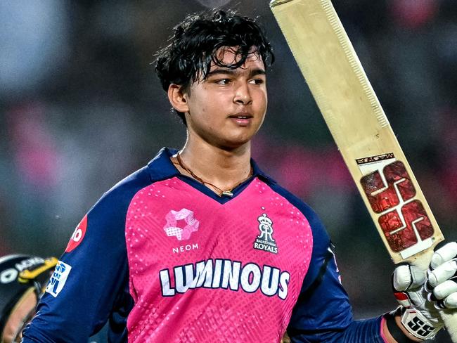 Rajasthan Royals' Vaibhav Suryavanshi celebrates after scoring a century (100 runs) during the Indian Premier League (IPL) Twenty20 cricket match between Rajasthan Royals and Gujarat Titans at the Sawai Mansingh Stadium in Jaipur on April 28, 2025. (Photo by Sajjad HUSSAIN / AFP) / -- IMAGE RESTRICTED TO EDITORIAL USE - STRICTLY NO COMMERCIAL USE --