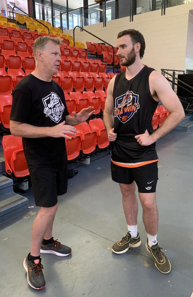 Darwin Salties coach Matt Flinn and new recruit Sean Macdonald discuss the upcoming 2023 NBL1 season. Picture: Sierra Haigh