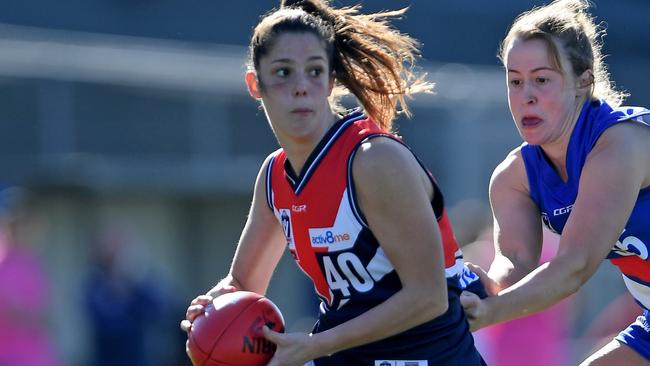 Lauren Pearce in action during the VFLW Darebin Falcons v Western Bulldogs football match in Footscray, Saturday, June 8, 2019. Picture: Andy Brownbill