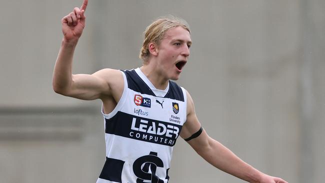 Jack Delean celebrates a goal for South Adelaide’s league side against Norwood at The Parade in Round 16. Picture: David Mariuz/SANFL