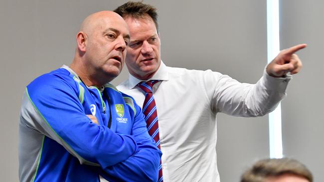 Former Australia coach Darren Lehmann talks with sacked high performance manager Pat Howard.