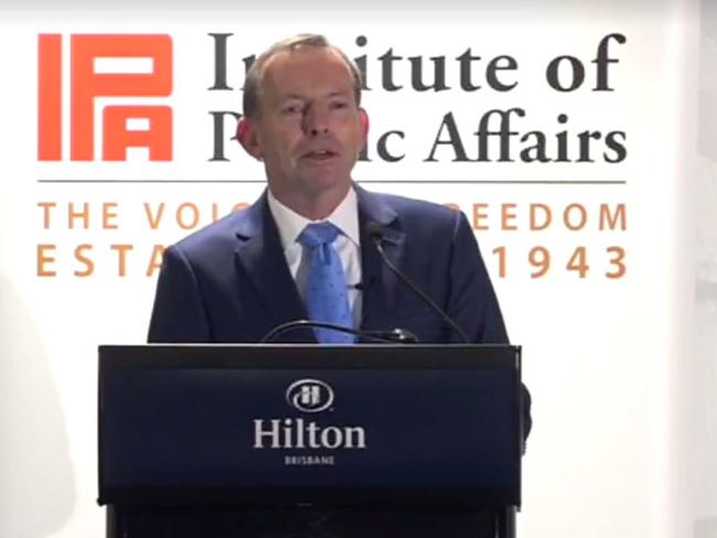 Tony Abbott speaking at a meeting of the Institute of Public Affairs. Picture: Facebook