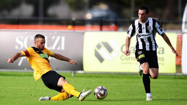 Elizabeth Vale’s Jimmy Greaves, who scored a hat-trick on Sunday, pictured playing against Adelaide City in the FFA Cup this month. Picture: AAP/Mark Brake