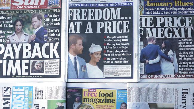 The front pages of London's Sunday newspapers are dominated by Megxit. Picture: AP.