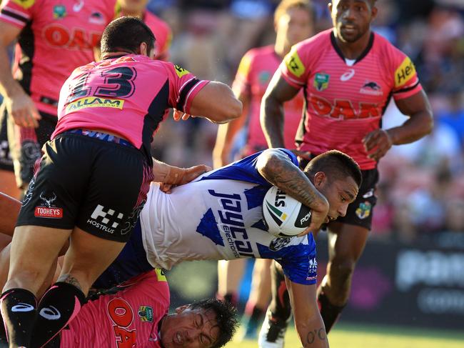 Bulldogs Michael Lichaa scores try during the Penrith Panthers v Canterbury Bulldogs pre season trial game Pepper Stadium , Penrith. Pic Jenny Evans