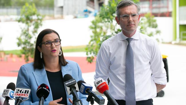 NSW Education Minister Sarah Mitchell and NSW Premier Dominic Perrottet speaking on Tuesday. Photo: NCA NewsWire / Brendan Read.