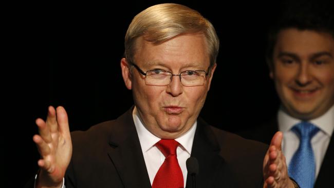 Kevin Rudd on the stage during his concession speech to supporters on election day in 2013. Picture: David Caird