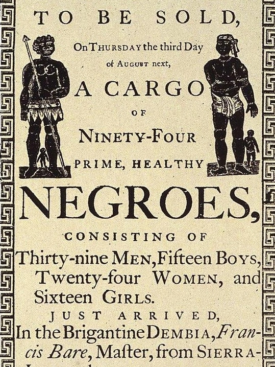 A handbill advertising a slave auction in Charleston, South Carolina, in 1769.