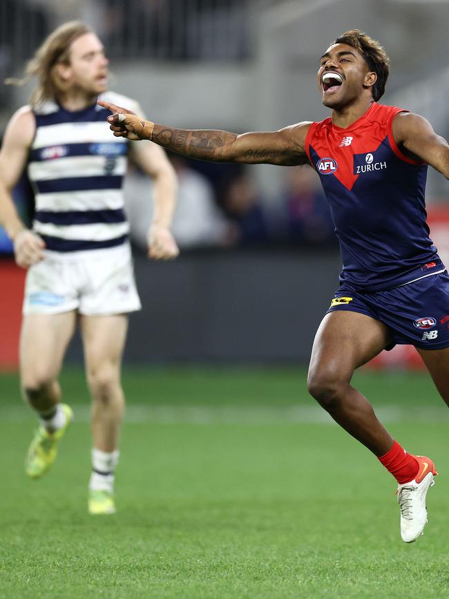 Kozzy Pickett wheels off in celebration during Melbourne’s big preliminary final victory over Geelong.