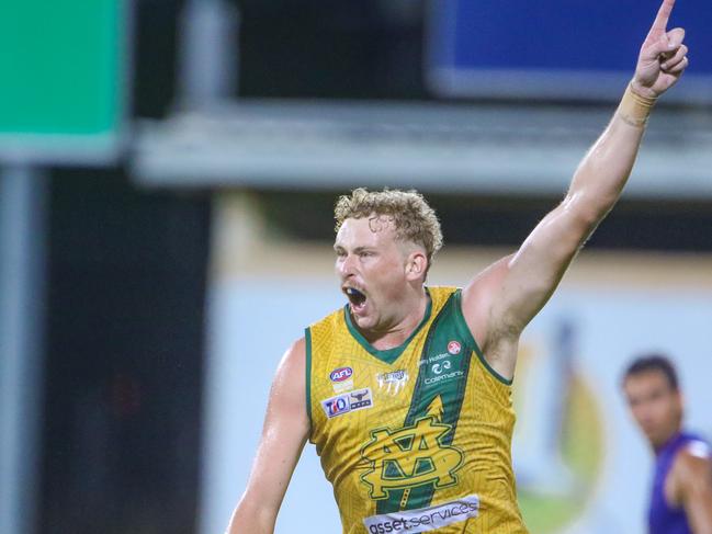 St Mary’s star forward Jackson Calder celebrates one of his seven goals during the 2020-21 NTFL Men's Preliminary Final against Wanderers at TIO Stadium. Picture: Glenn Campbell