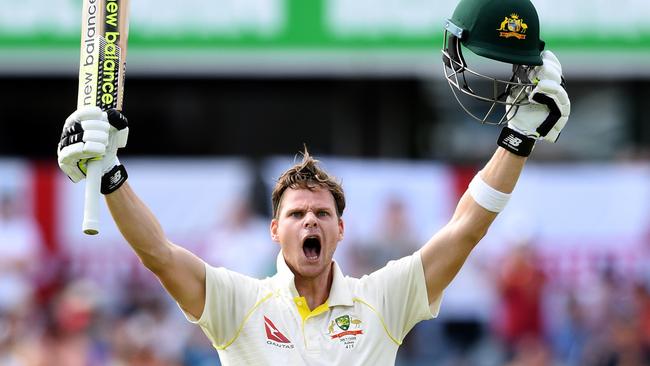 Steve Smith celebrates bringing up his double century on Saturday.