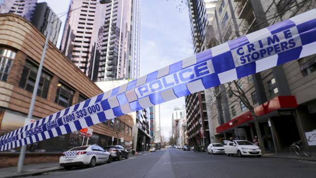 The crime scene at the EQ Arcade building on A’Beckett St, where Laa Chol died. Picture: AAP Image/Wayne Taylor