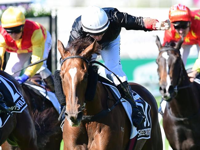 Sheeza Belter storms home to win the Group 2 BRC Sires' Produce under jockey William Pike. Picture: Grant Peters - Trackside Photography