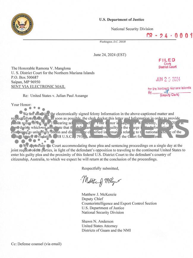 A filing from the US Department of Justice to the US District Court for the Northern Mariana Islands describes Julian Assange’s plea deal.