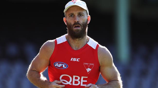 Jarrad McVeigh runs laps during Swans training. Picture: Phil Hillyard